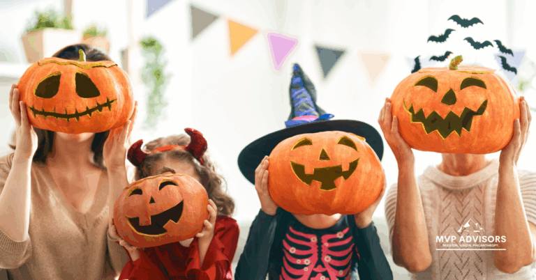 Blog header image for Fall Fundraising Ideas blog shows a family holding carved pumpkins in front of their faces