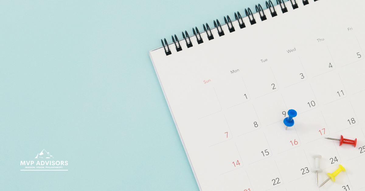 Calendar with pins on certain dates representing important dates on a nonprofit calendar in 2026