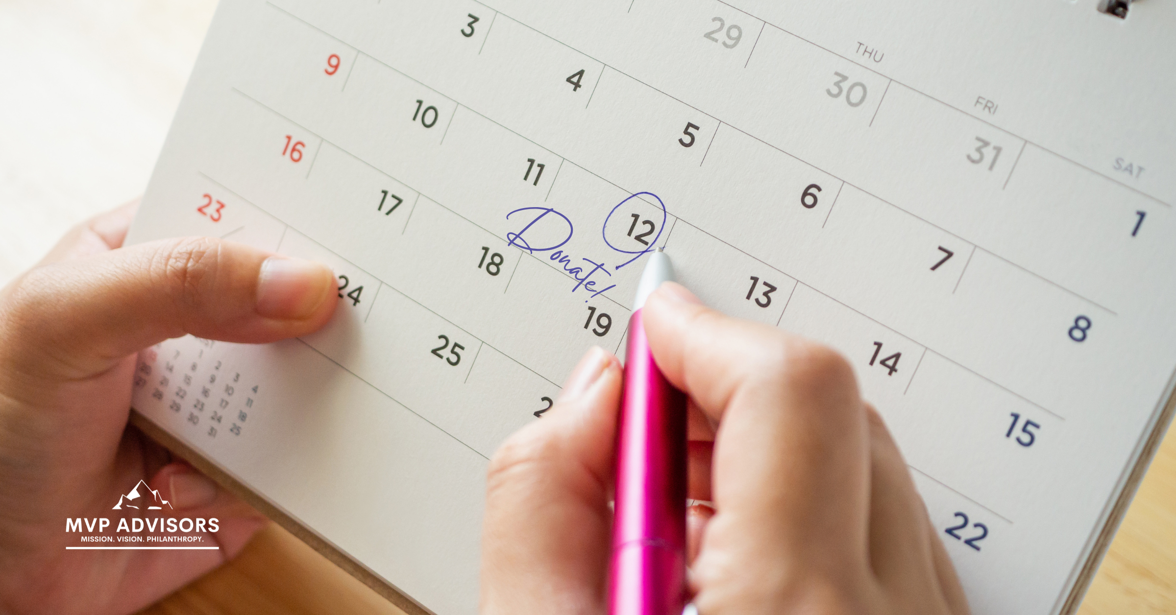 Blog header for article about monthly giving as a smart revenue strategy. Shows a pair of hands holding a calendar and a pen, with one date circled and the word "Donate!" on the same date.