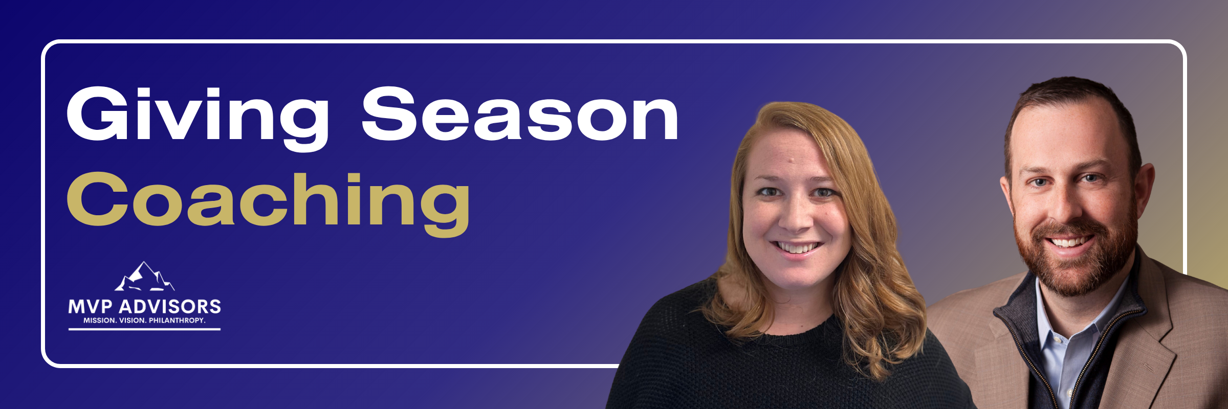 Landing page header with a blue and gold gradient background and the words: Giving Season Coaching