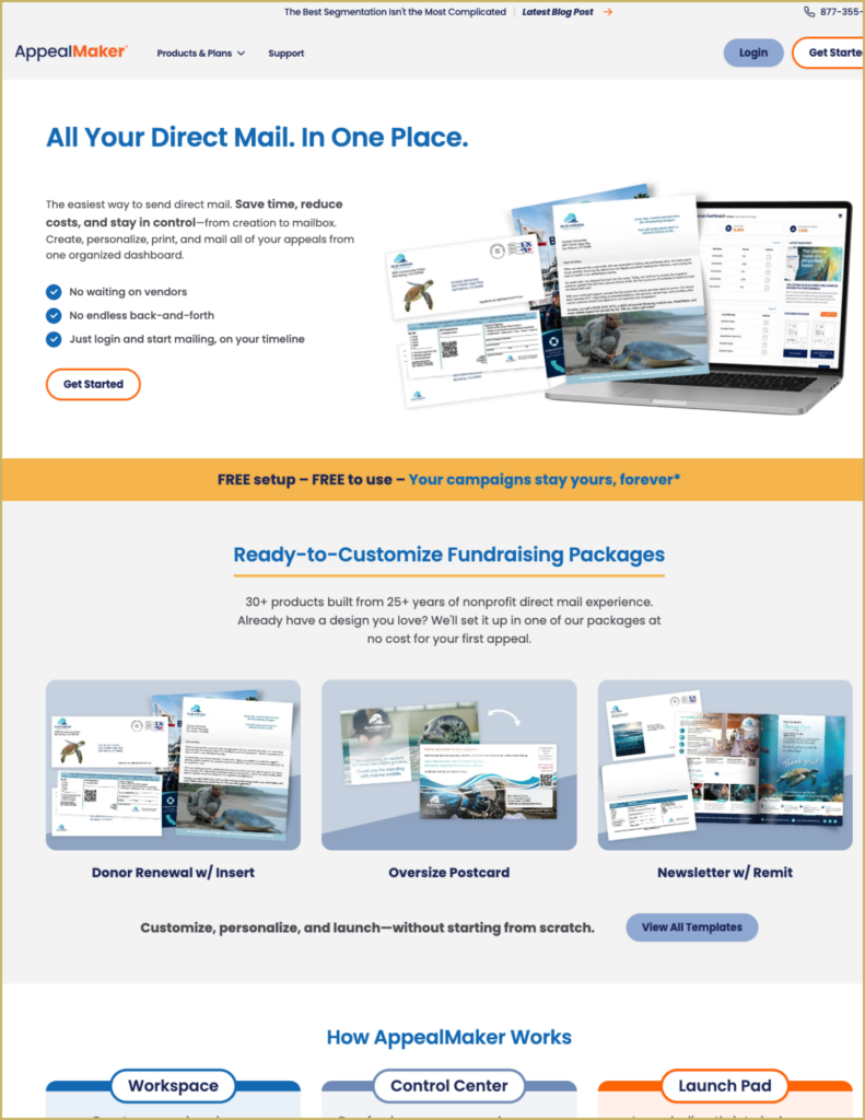 Screenshot of the AppealMaker website's home page with information on the different year-end fundraising tools the company provides