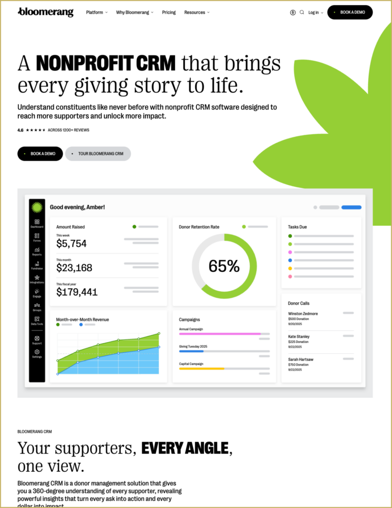 An image of the landing page for Bloomerang CRM, a year-end fundraising tool