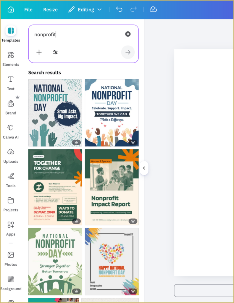 Screenshot of the Canva software as a year-end fundraising tool