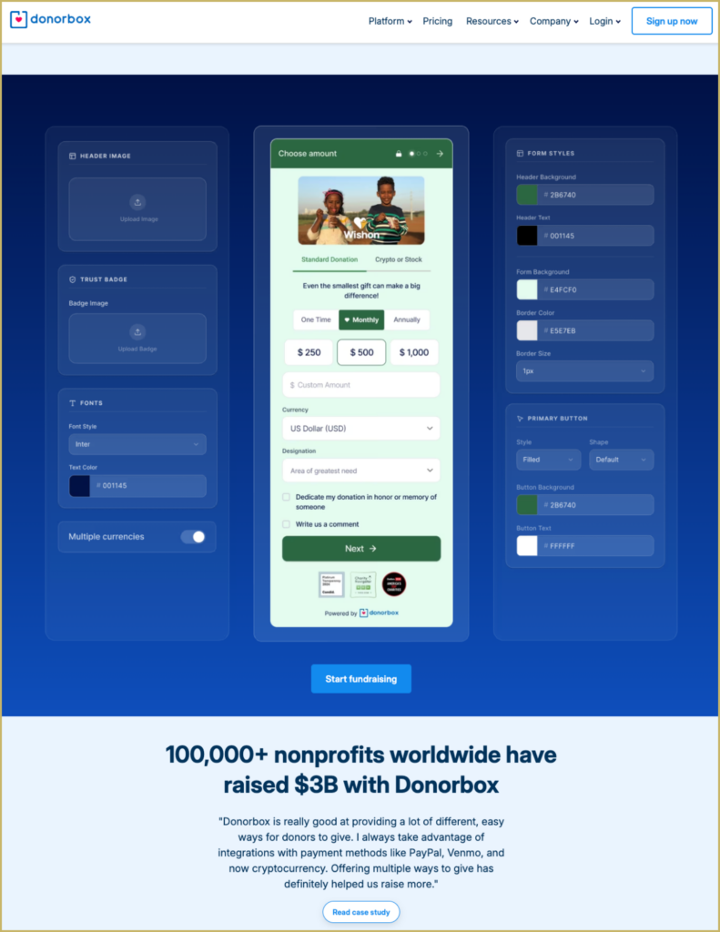 An image showing an example of the Donorbox OmniGive form and the options it offers as one of the year-end fundraising tools