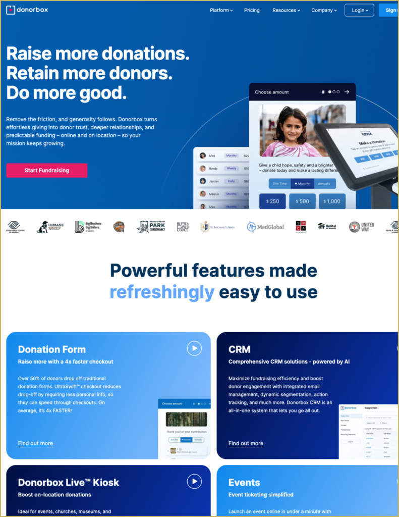 A screenshot of the Donorbox home page to show all of the year-end fundraising tools this software has to offer