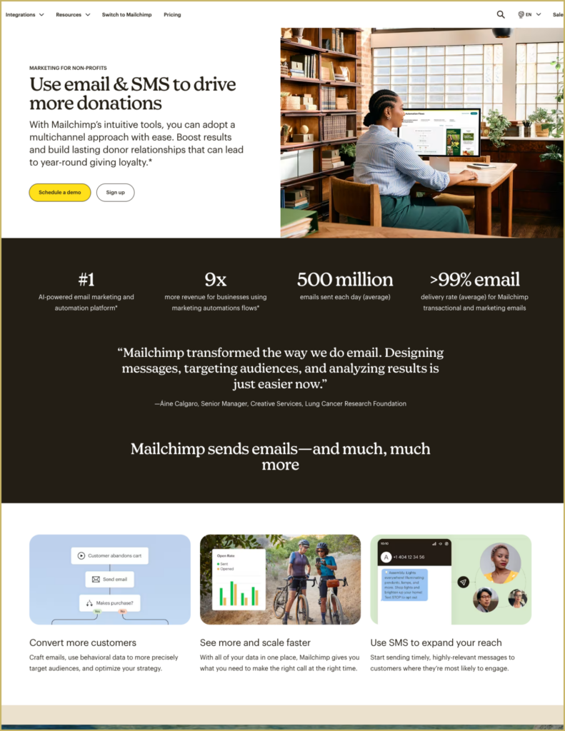 Screenshot of the nonprofit page on the Mailchimp sales website, showcasing how it could be part of an org's year-end fundraising tools